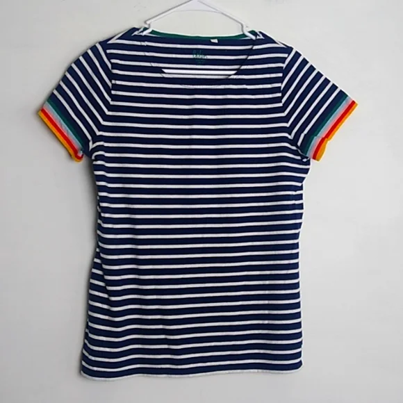 Boden Navy Blue White Striped T Shirt Rainbow Cuffed Short Sleeves Size 10 - Picture 1 of 10